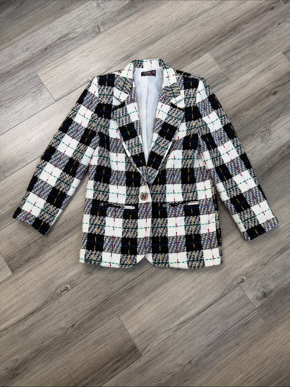 Womens Black & White Tweed Plaid Blazer